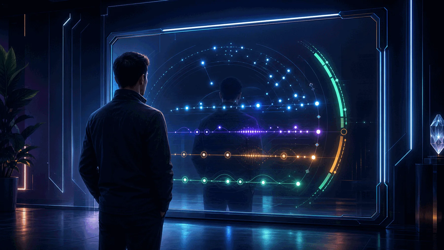 Text-free neon editorial explanatory image for Claude Gets a Mirror: a person looking at an AI habit mirror with abstract dashboard-like usage patterns reflected back; no Anthropic logo, no fake UI text, and no imitation of real product UI.