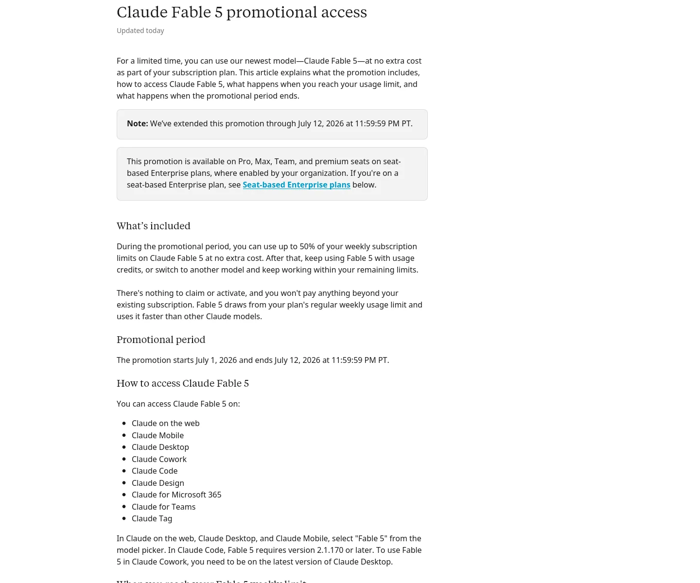 Anthropic support-page excerpt describing the Fable 5 promotional access window