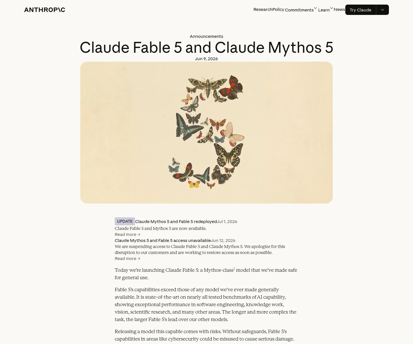 Anthropic announcement excerpt: Claude Fable 5 and Claude Mythos 5