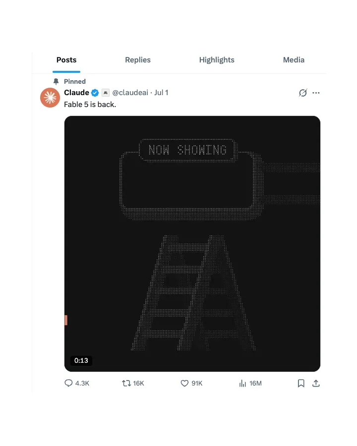 Claude X post stating Fable 5 is back