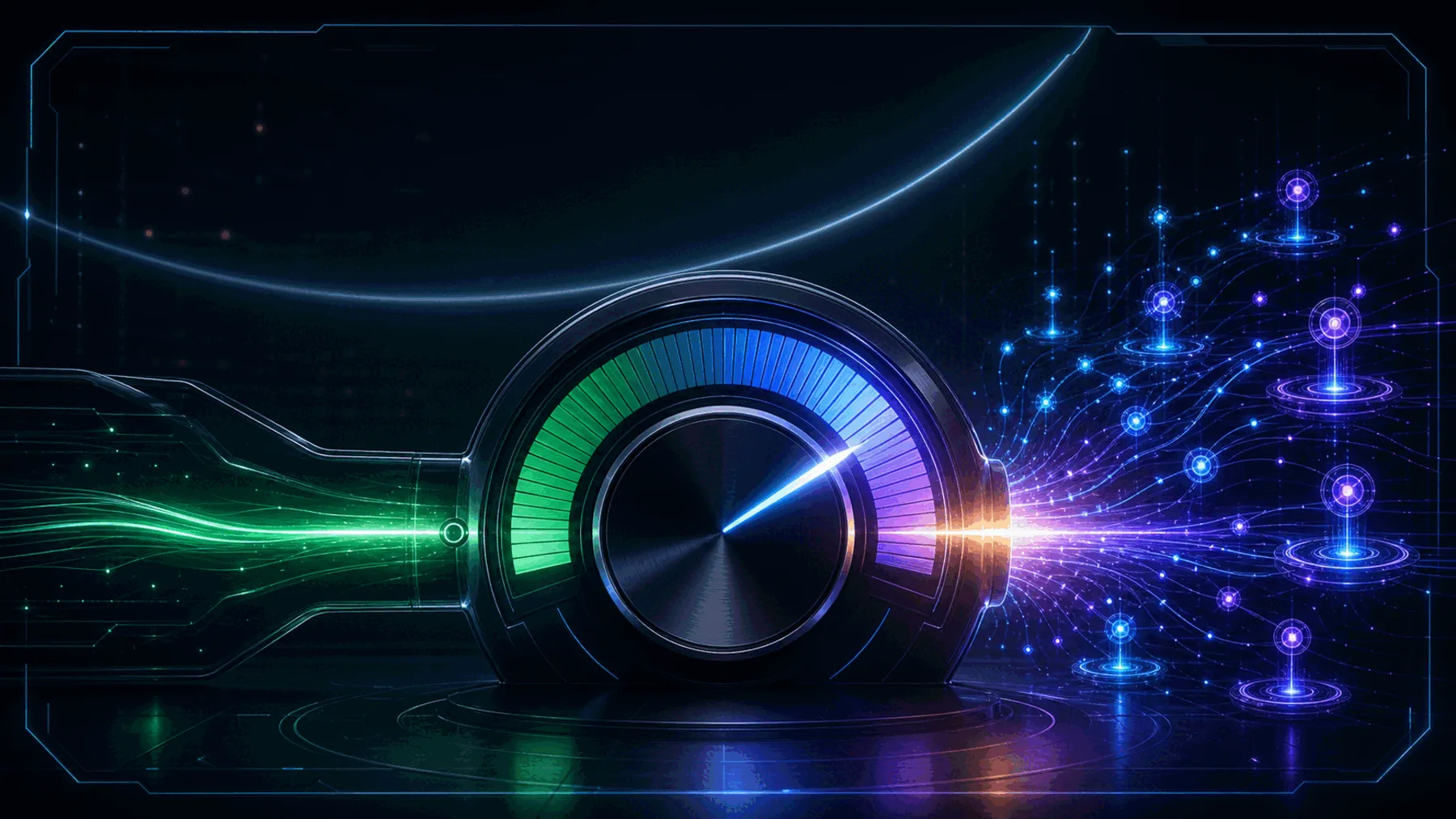 Abstract neon compute dial progressing from efficient default AI work to ultra parallel-agent compute.