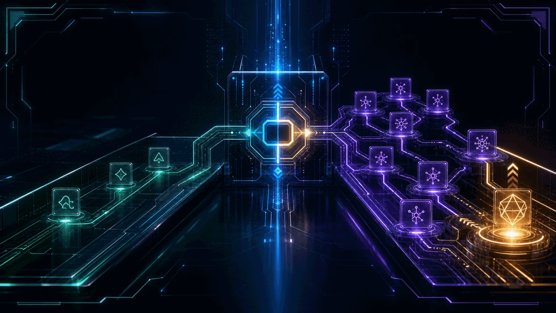 Two neon compute lanes converge into a decision gate for routine versus high-value work.