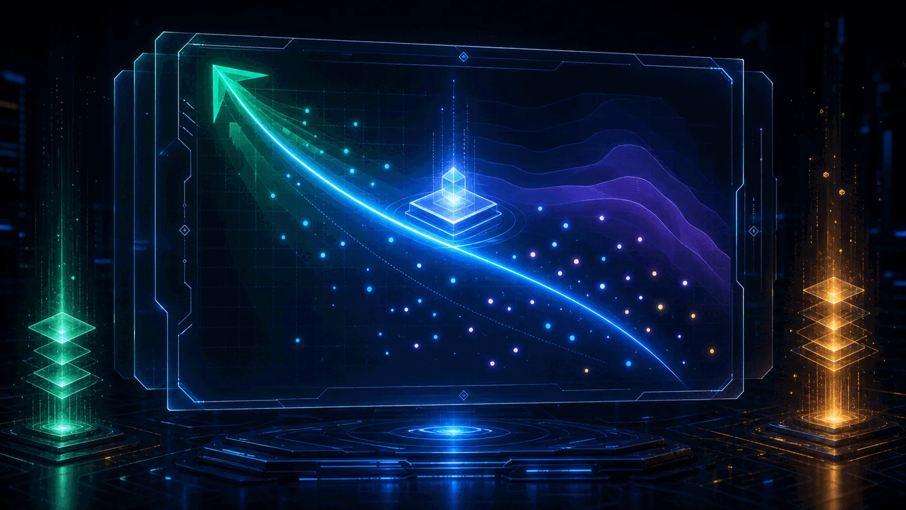 Abstract neon performance frontier curve with unlabeled points and a highlighted efficient frontier cluster.