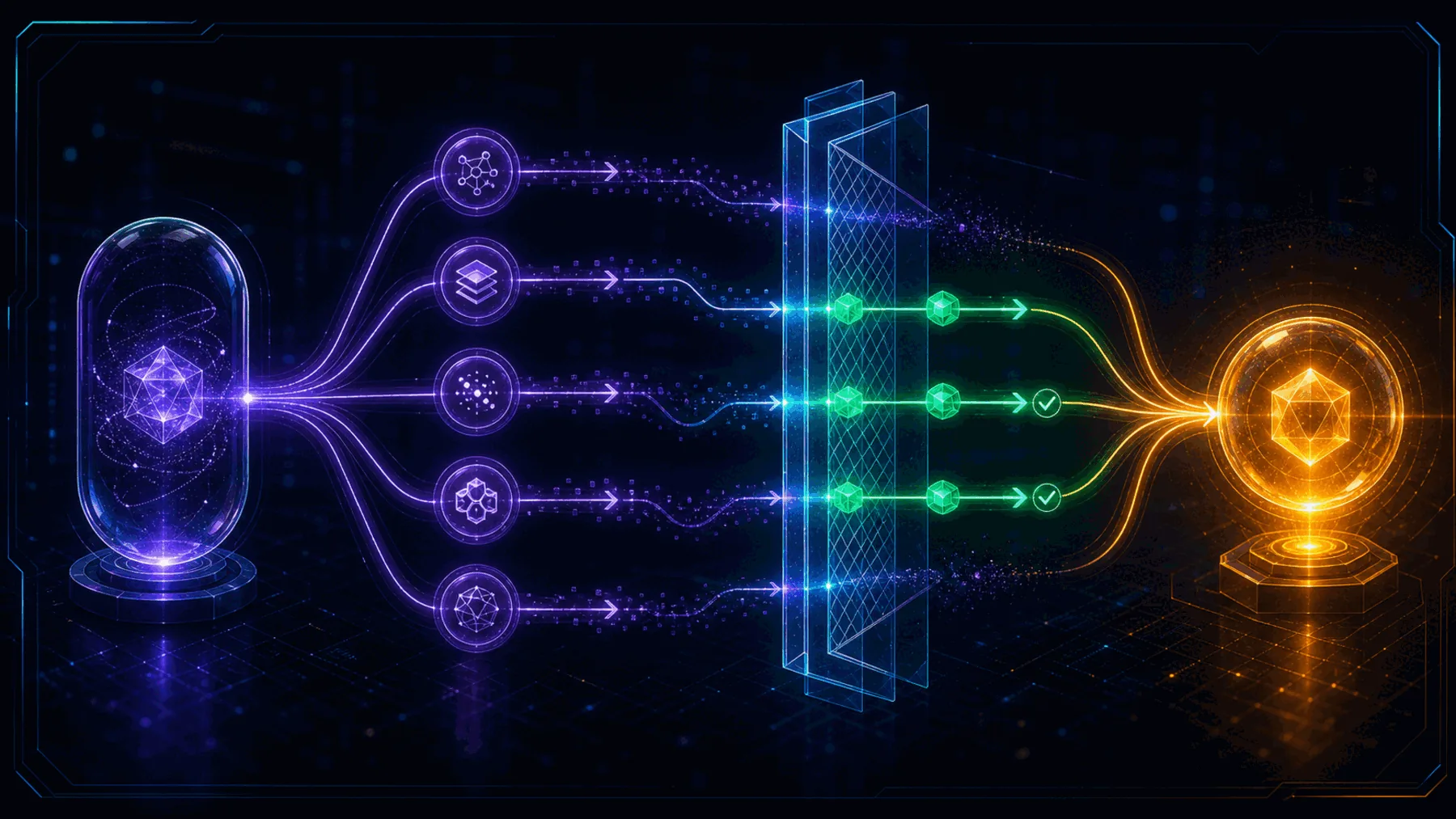 Hard task fans into parallel workstreams, passes through a filter gate, and consolidates into one result.