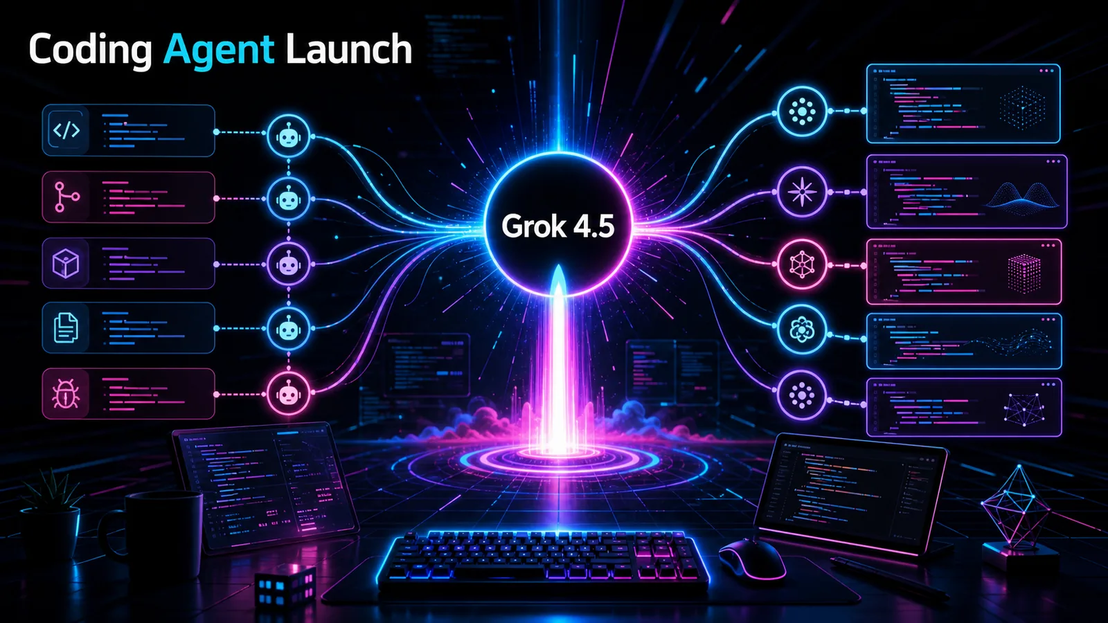Generated developer infrastructure illustration for Grok 4.5 coding-agent launch.