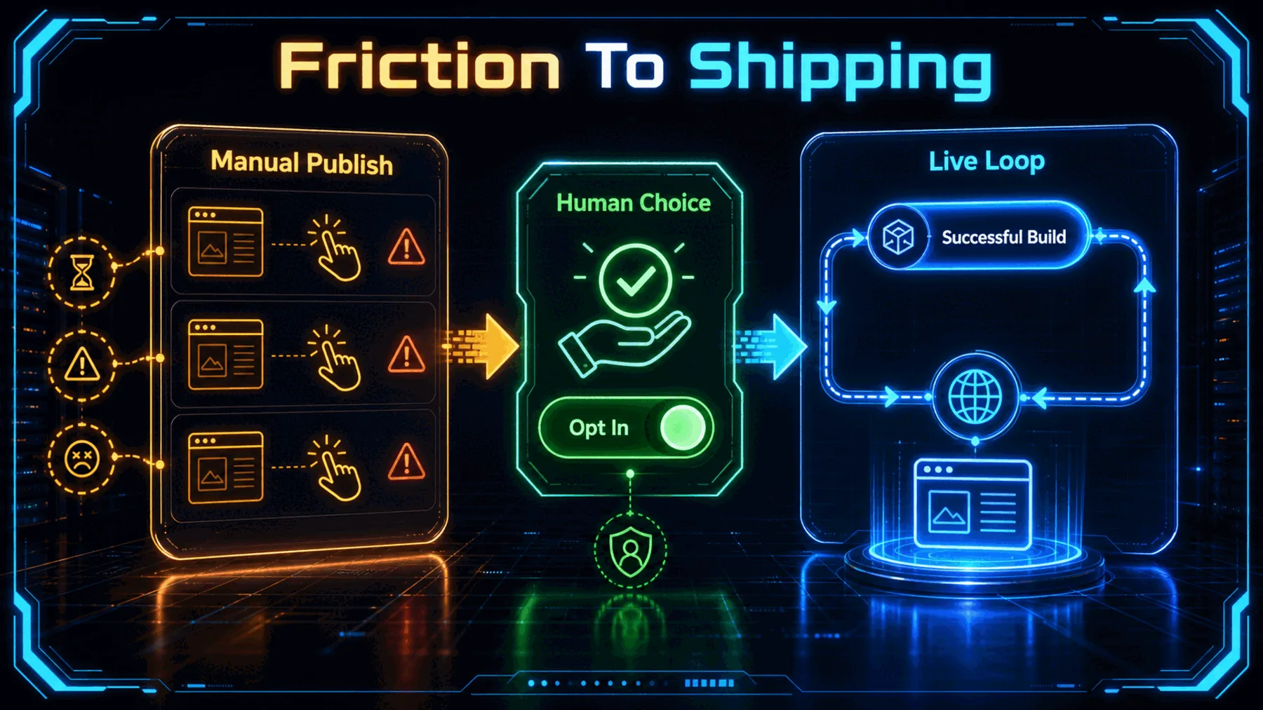 Neon comparison showing manual publish friction becoming an opt-in live shipping loop while retaining a human choice gate.