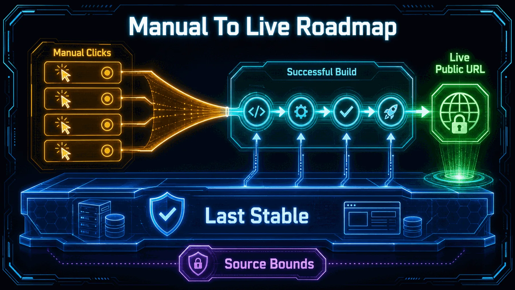 Neon before-after roadmap where repeated manual clicks collapse into Auto Publish, Successful Build, Public URL, and Last Stable safety path.