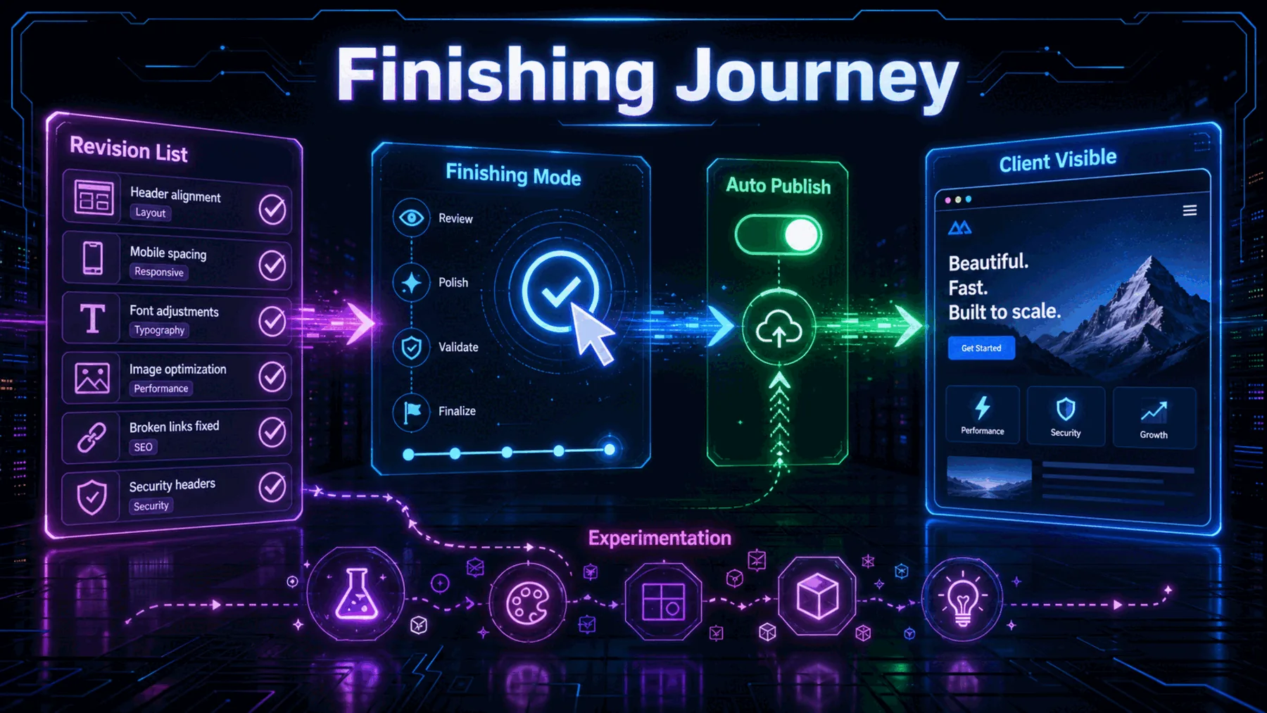 Neon practical journey from Revision List and Fix Complete through Auto Publish to Client View, with Experiment Mode as a dim secondary branch.