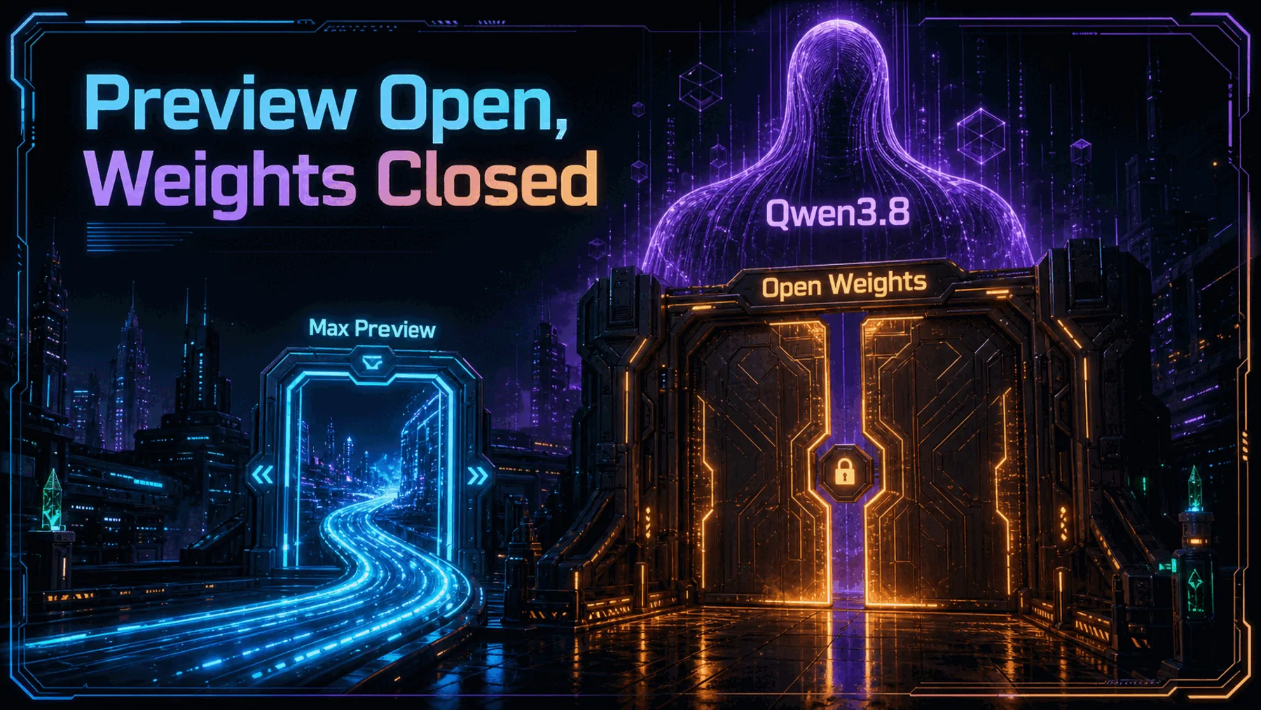 Colossal Qwen3.8 model form behind a closed open-weights gate beside an accessible Max Preview route.
