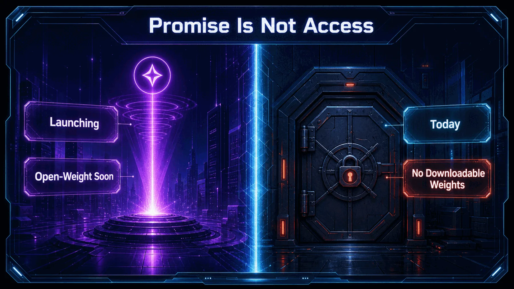 Two-state editorial graphic contrasting launch promises with the absence of downloadable weights today.